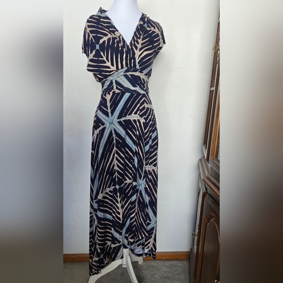 MAEVE By Anthropologie, Elegant Blue and Tan Patterned Maxi Dress.Size XS - Picture 2 of 10